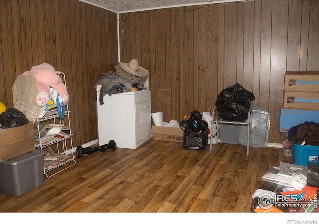 interior space with wood-type flooring and wooden walls