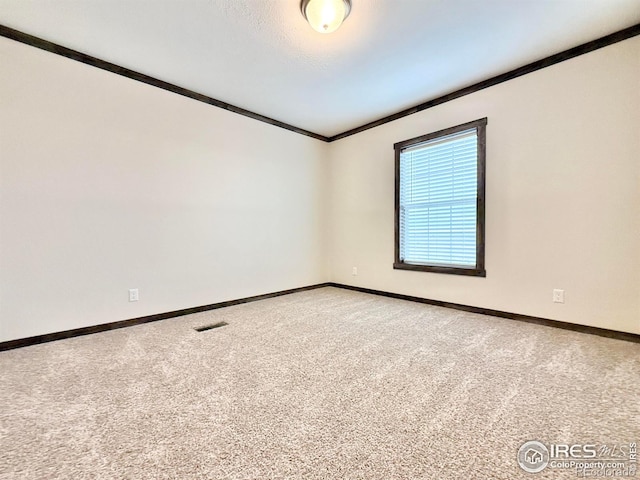 unfurnished room featuring a textured ceiling, carpet floors, and crown molding