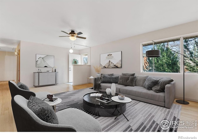 living area with wood finished floors, attic access, a ceiling fan, and a healthy amount of sunlight