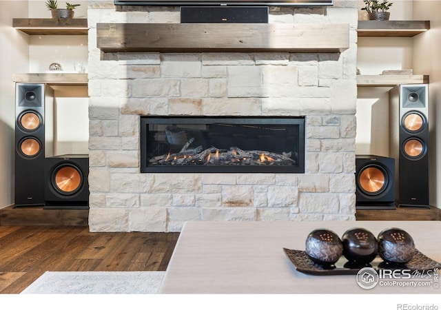 interior details featuring wood-type flooring and a stone fireplace