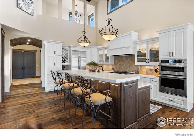 kitchen featuring white cabinets, hanging light fixtures, an island with sink, appliances with stainless steel finishes, and tasteful backsplash