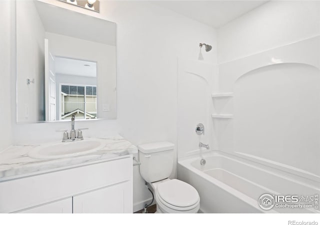 full bathroom with shower / bathing tub combination, vanity, and toilet