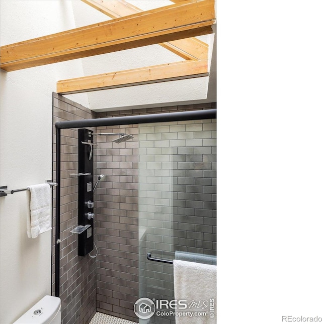 bathroom with toilet and a shower with shower door