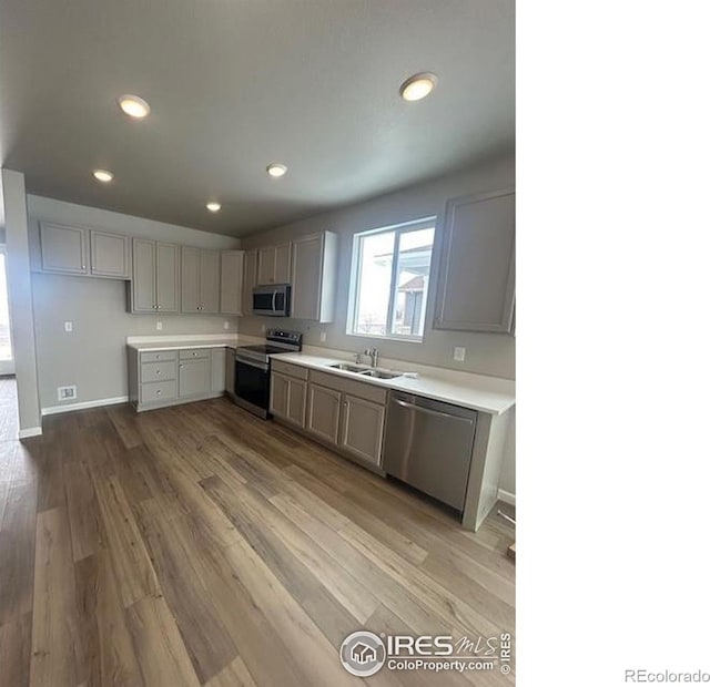 kitchen with sink, hardwood / wood-style flooring, gray cabinetry, and stainless steel appliances