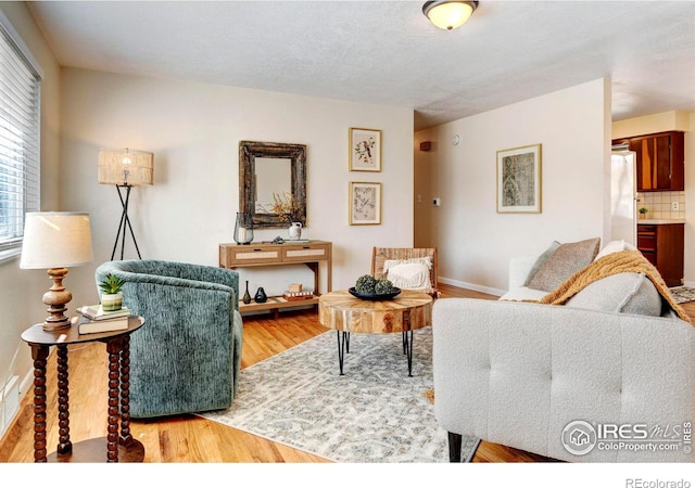 living room featuring light hardwood / wood-style floors and a textured ceiling