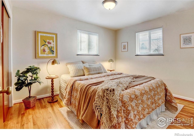 bedroom with a closet, light hardwood / wood-style flooring, and multiple windows