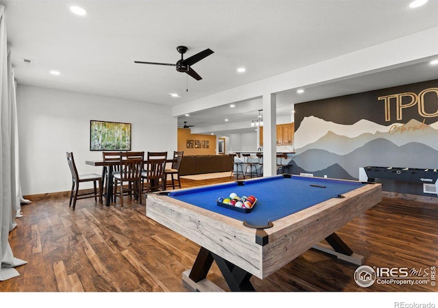 game room featuring ceiling fan with notable chandelier, wood-type flooring, and billiards