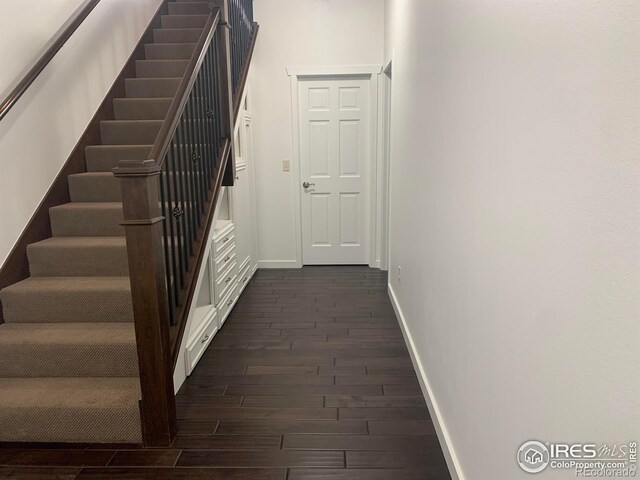 stairway featuring hardwood / wood-style flooring