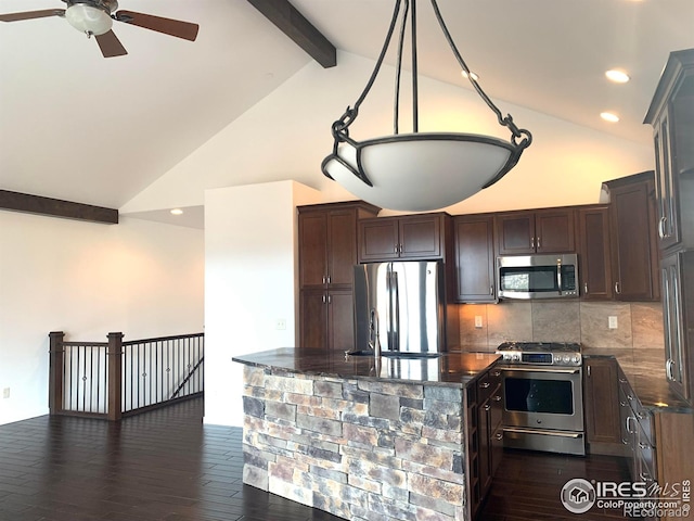 kitchen featuring backsplash, beam ceiling, stainless steel appliances, high vaulted ceiling, and dark hardwood / wood-style flooring