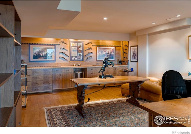 home office featuring recessed lighting and light wood-type flooring