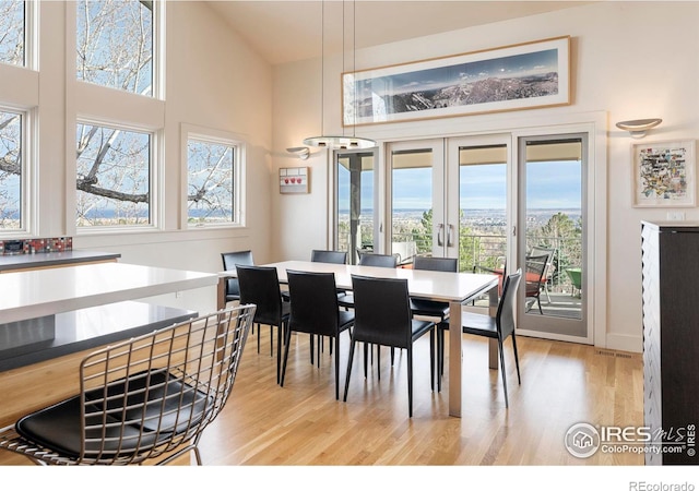 dining space with light wood-type flooring, a healthy amount of sunlight, a towering ceiling, and french doors