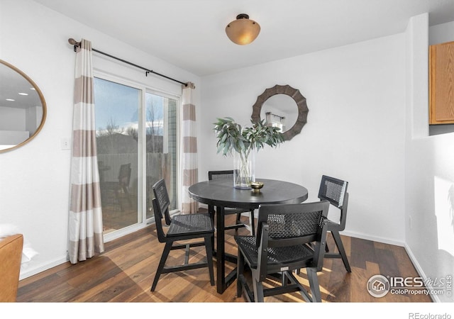 dining area with baseboards and dark wood-style flooring