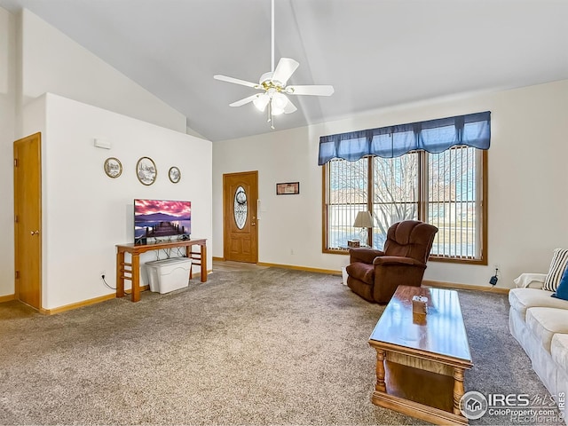 living room with carpet floors, high vaulted ceiling, and ceiling fan