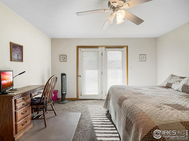 bedroom featuring light carpet and ceiling fan