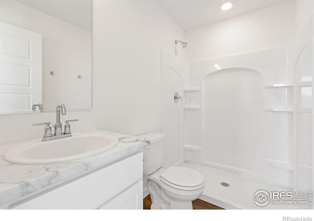 bathroom with a shower, vanity, and toilet