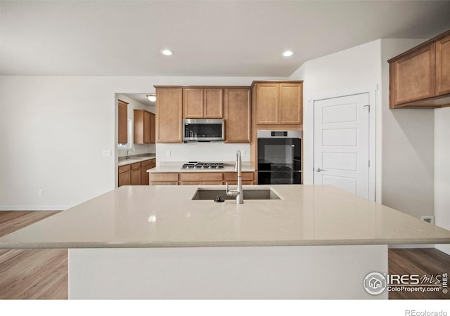 kitchen with stainless steel appliances, a kitchen island with sink, and sink