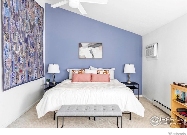 carpeted bedroom with ceiling fan, vaulted ceiling, a wall mounted AC, and a baseboard heating unit