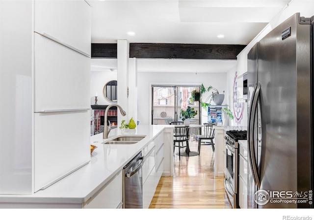 kitchen with stainless steel appliances, sink, beamed ceiling, white cabinets, and light hardwood / wood-style floors