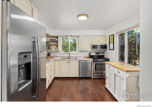 kitchen with wood counters, sink, appliances with stainless steel finishes, and dark wood-type flooring