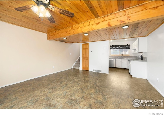 unfurnished living room with beam ceiling, ceiling fan, sink, and wood ceiling