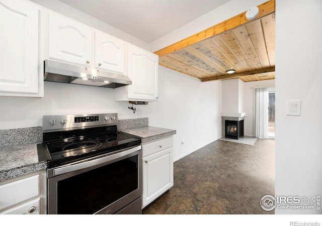 kitchen with white cabinetry, electric range, and wooden ceiling