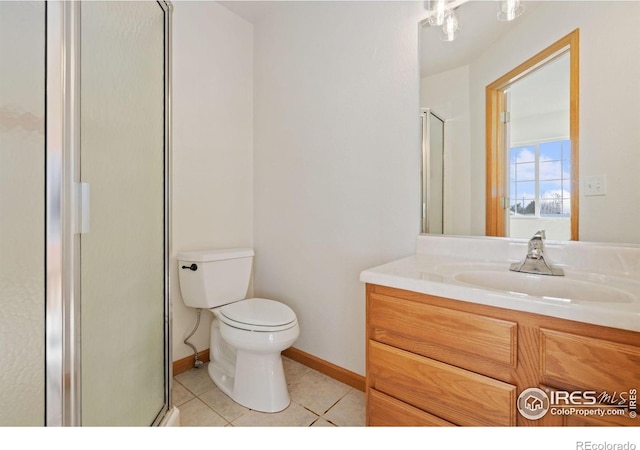 bathroom featuring tile patterned flooring, vanity, toilet, and an enclosed shower