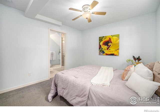 bedroom with ensuite bathroom, ceiling fan, and light colored carpet