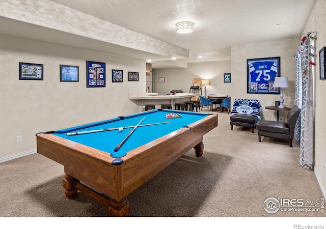 rec room with billiards and carpet flooring