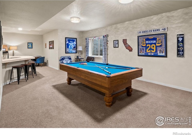 recreation room featuring carpet and billiards