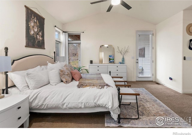 carpeted bedroom featuring access to exterior, vaulted ceiling, and ceiling fan