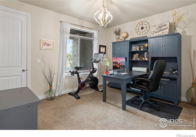 carpeted office featuring a notable chandelier