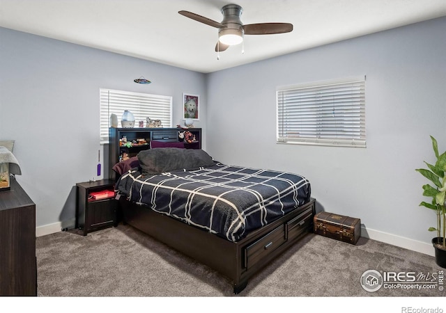 carpeted bedroom featuring ceiling fan