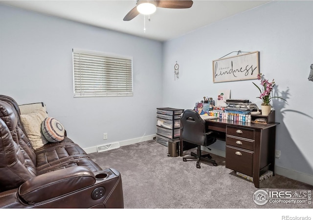 office area with ceiling fan and carpet floors