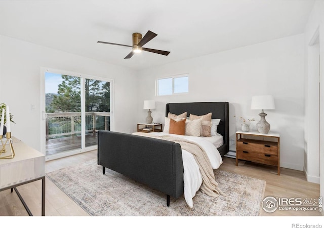 bedroom with ceiling fan, light wood-type flooring, and access to outside