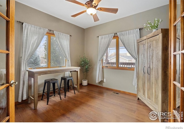 interior space featuring hardwood / wood-style floors and ceiling fan