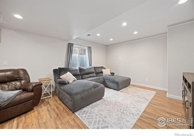 living room featuring crown molding and light wood-type flooring