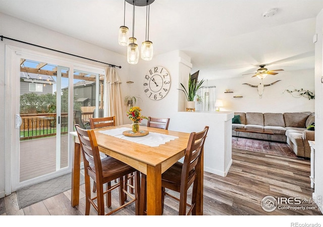 dining area featuring ceiling fan and hardwood / wood-style floors