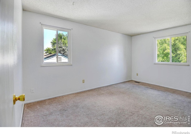 spare room with a textured ceiling and light carpet