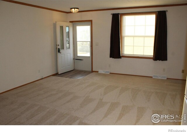 spare room featuring ornamental molding, baseboards, visible vents, and carpet flooring