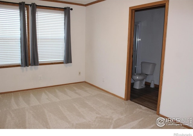 spare room with baseboards and light colored carpet