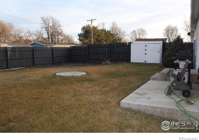 view of yard featuring a storage shed, an outdoor structure, and a fenced backyard