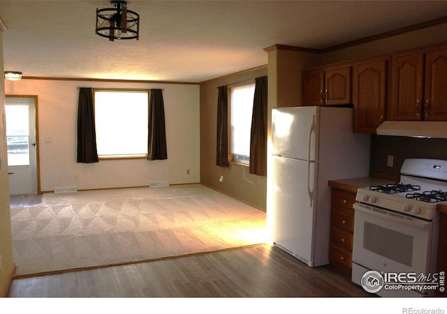 kitchen with crown molding, white appliances, visible vents, and under cabinet range hood