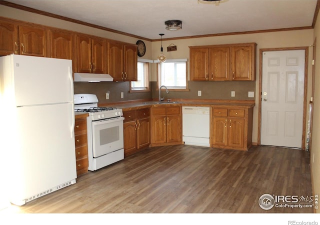 kitchen with under cabinet range hood, white appliances, a sink, wood finished floors, and brown cabinetry