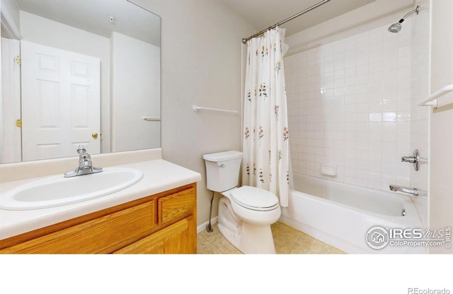 full bathroom with shower / bathtub combination with curtain, vanity, and toilet