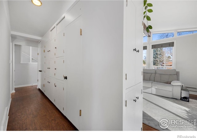 hall featuring dark wood-type flooring and a baseboard radiator