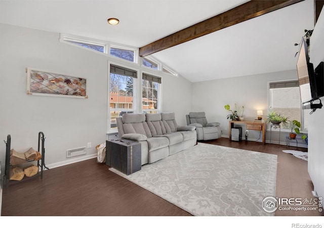 living room with vaulted ceiling with beams and dark hardwood / wood-style floors