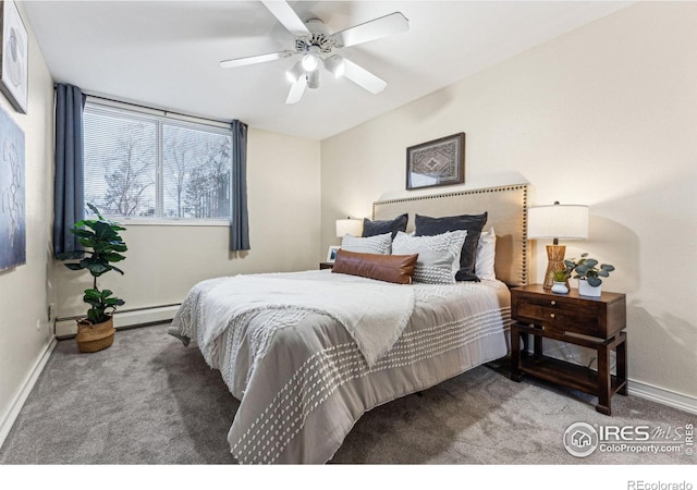 bedroom featuring baseboard heating, ceiling fan, and carpet floors