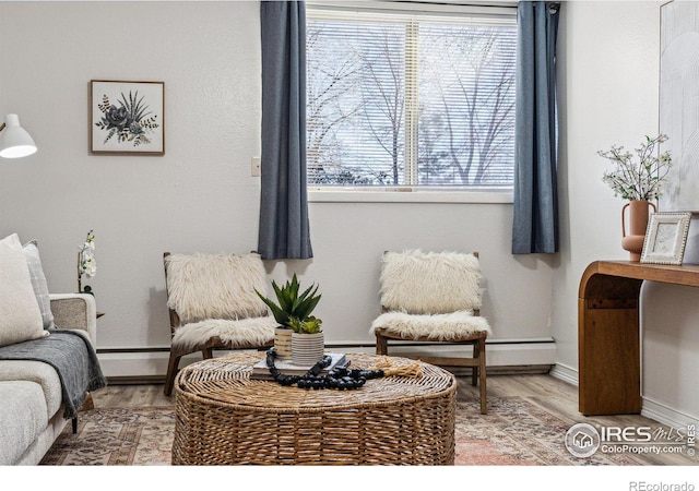 interior space featuring a baseboard radiator and hardwood / wood-style flooring