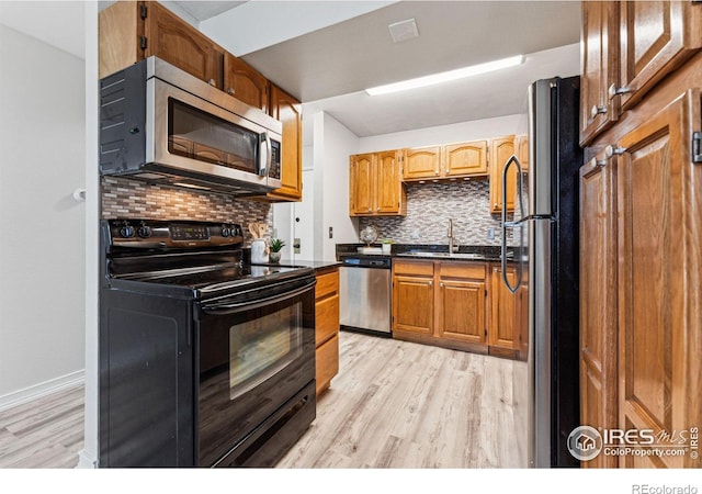 kitchen featuring sink, appliances with stainless steel finishes, light wood-type flooring, and backsplash