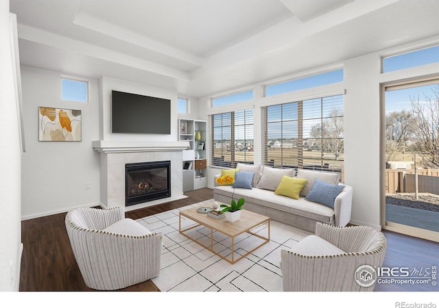 living room featuring hardwood / wood-style flooring, a tile fireplace, and a tray ceiling